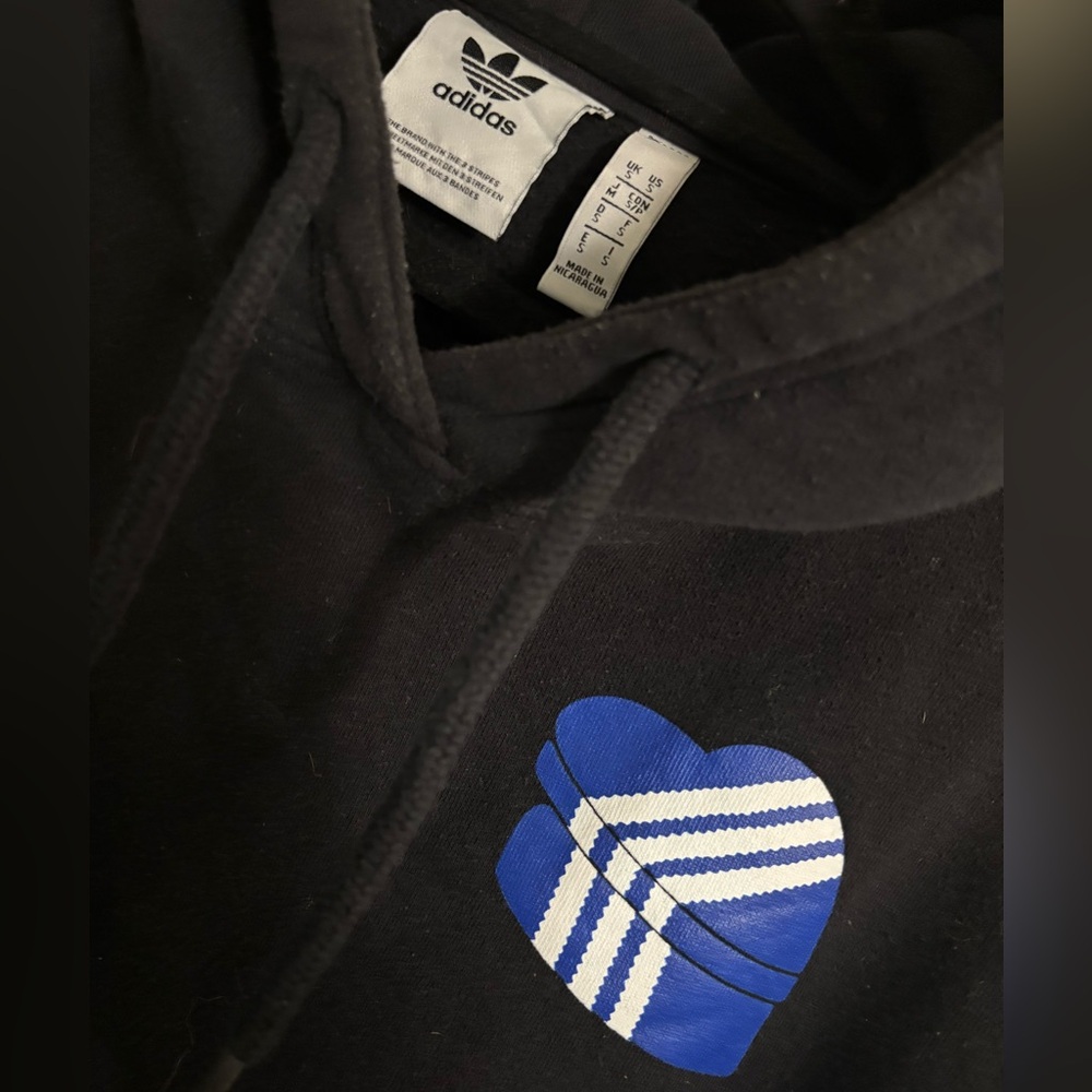 Adidas Black Valentines Hoodie with Blue Heart and Pink Lettering - Picture 3 of 6